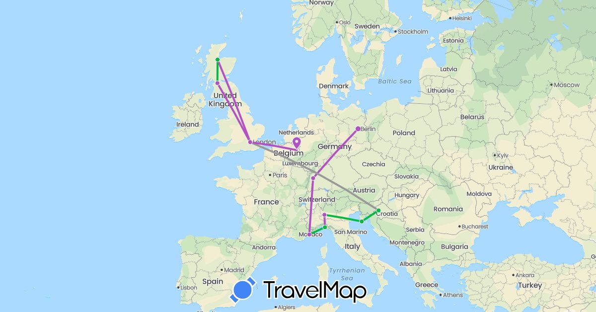TravelMap itinerary: driving, bus, plane, train in Germany, France, United Kingdom, Croatia, Italy, Netherlands (Europe)